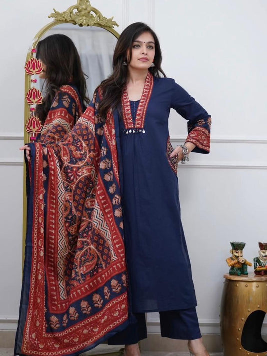 Navy Blue Printed Cotton Kurta Palazzo Set with Dupatta