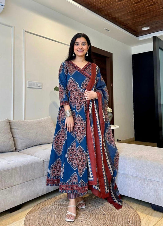 Navy Blue Cotton Anarkali Set with Traditional Block Print – Daily & Office Wear