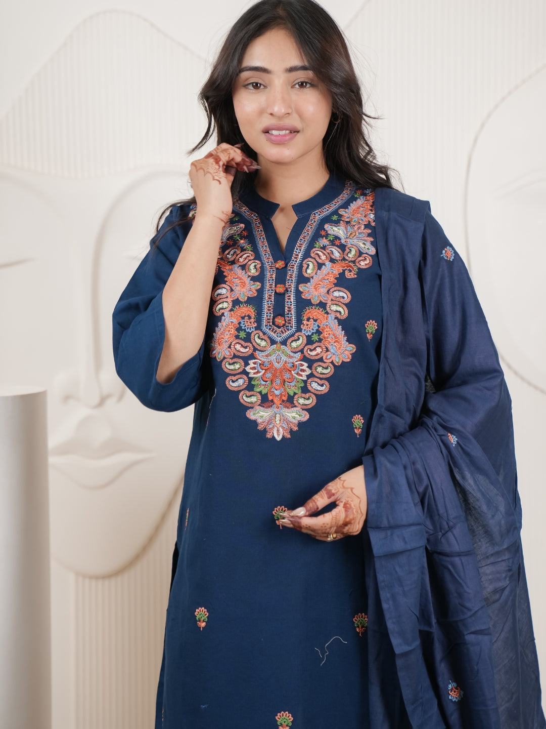 Navy Blue Embroidered Cotton Flex Kurta Palazzo Set with Dupatta