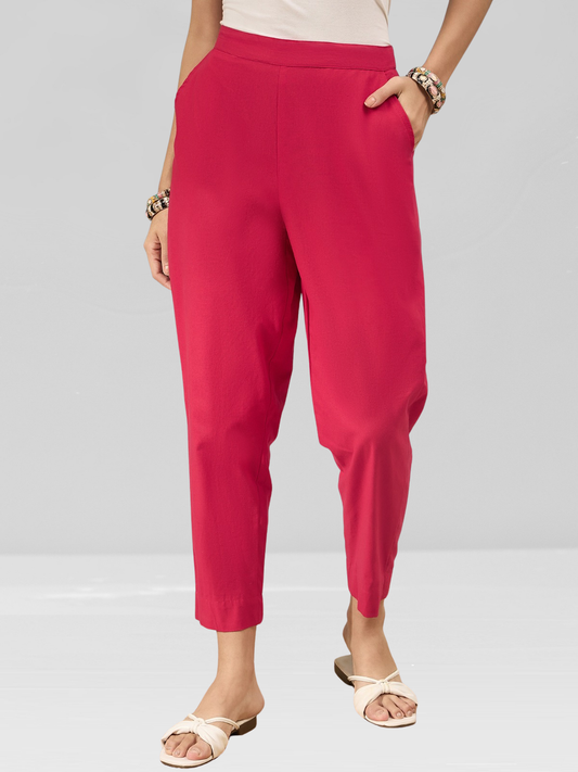Bright Red Cotton Flex Pants with Side Pockets