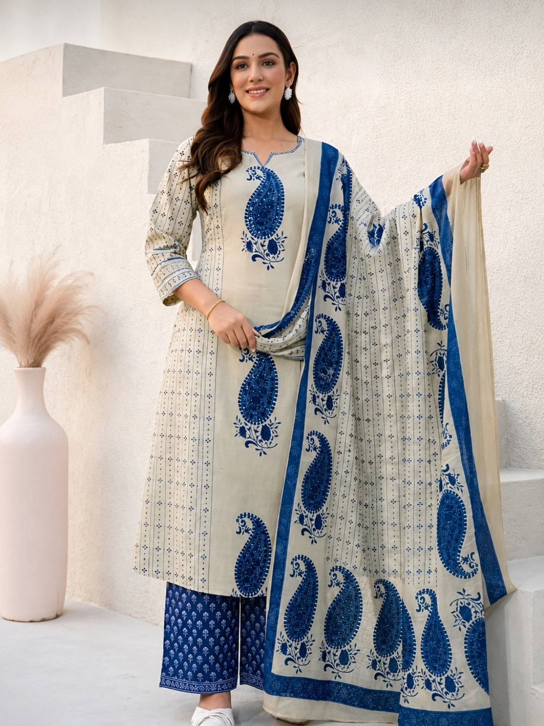 Beige Cotton Kurta Set with Blue Paisley Print & Dupatta – Ethnic Wear