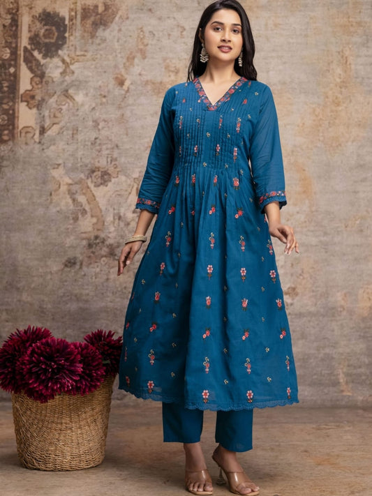 Teal Blue Mul Cotton Anarkali Set with Floral Embroidery – Festive Wear