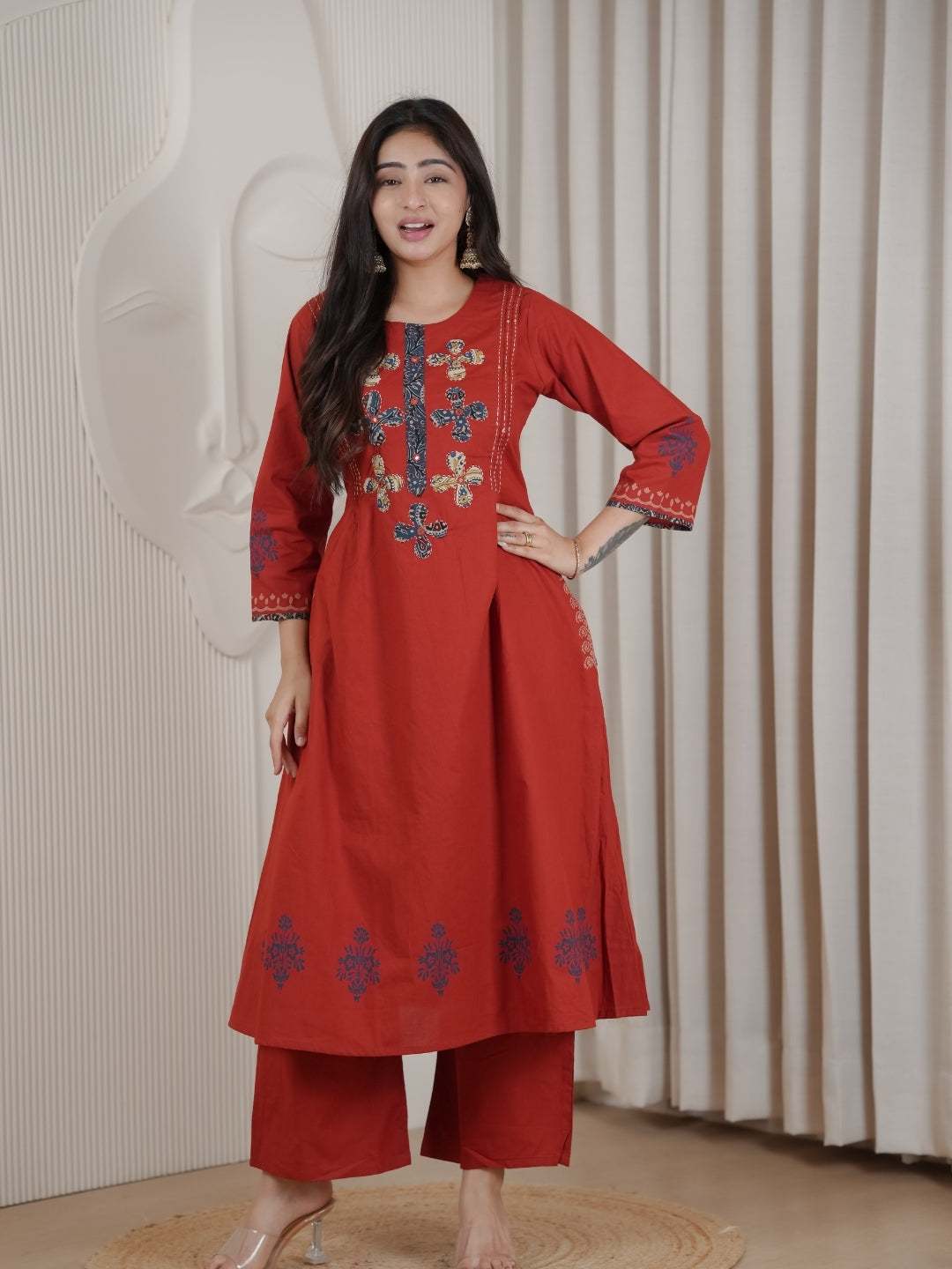 Brick Red Dhabu Cotton A-Line Kurta Set with Applique Handwork