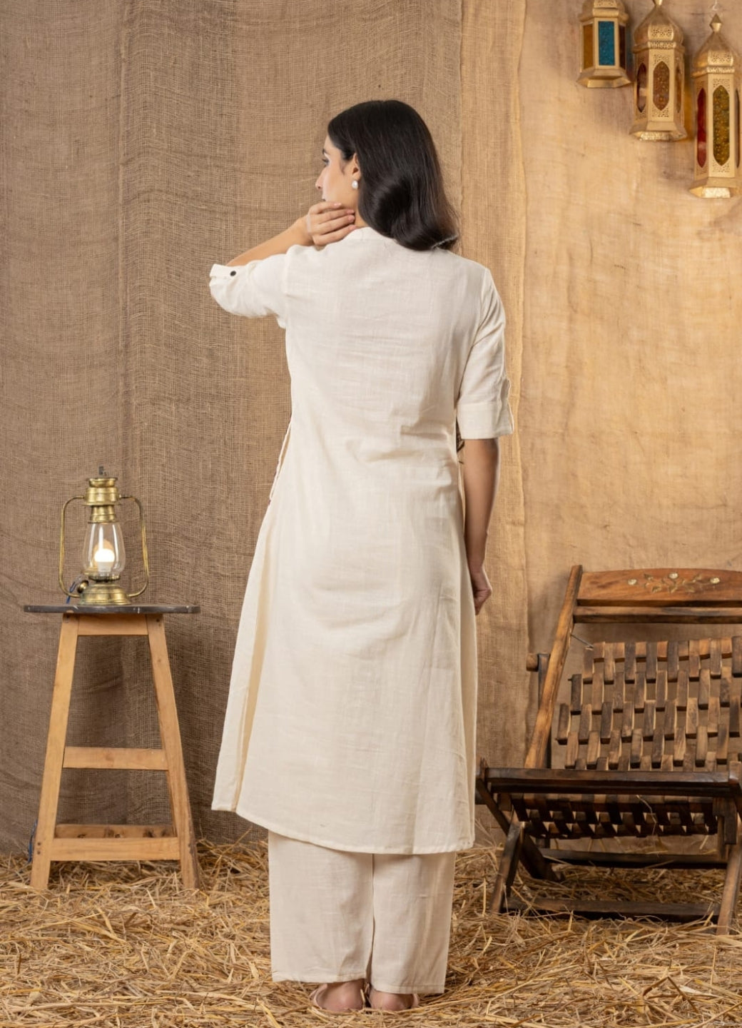 Beige Cotton Slub Kurta and Palazzo Set with Brown Embroidery