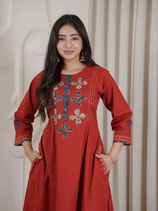 Brick Red Dhabu Cotton A-Line Kurta Set with Applique Handwork