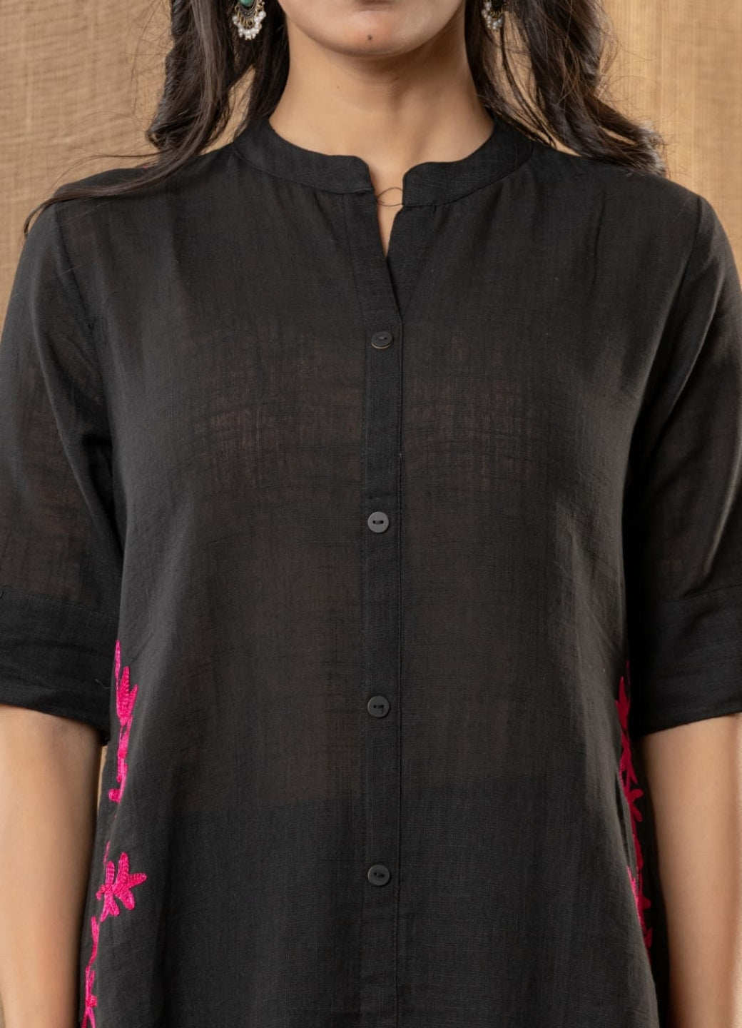 Black Cotton Slub Kurta and Palazzo Set with Pink Floral Embroidery