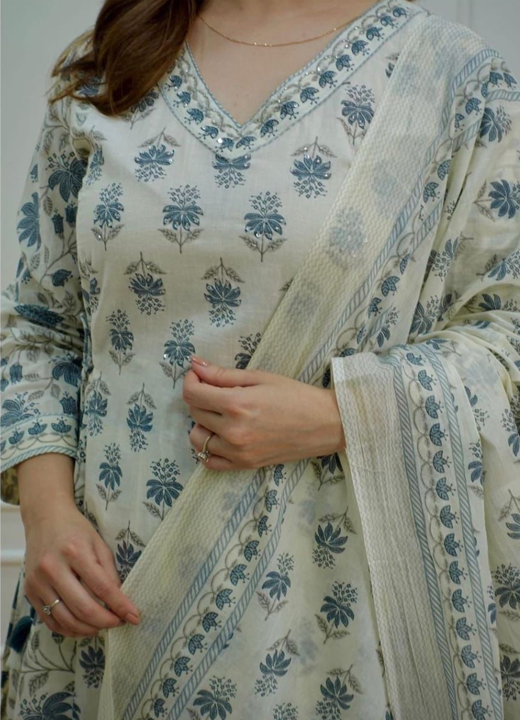 Cream Grey Cotton Afghani Suit Set with Floral Print – Ethnic Wear