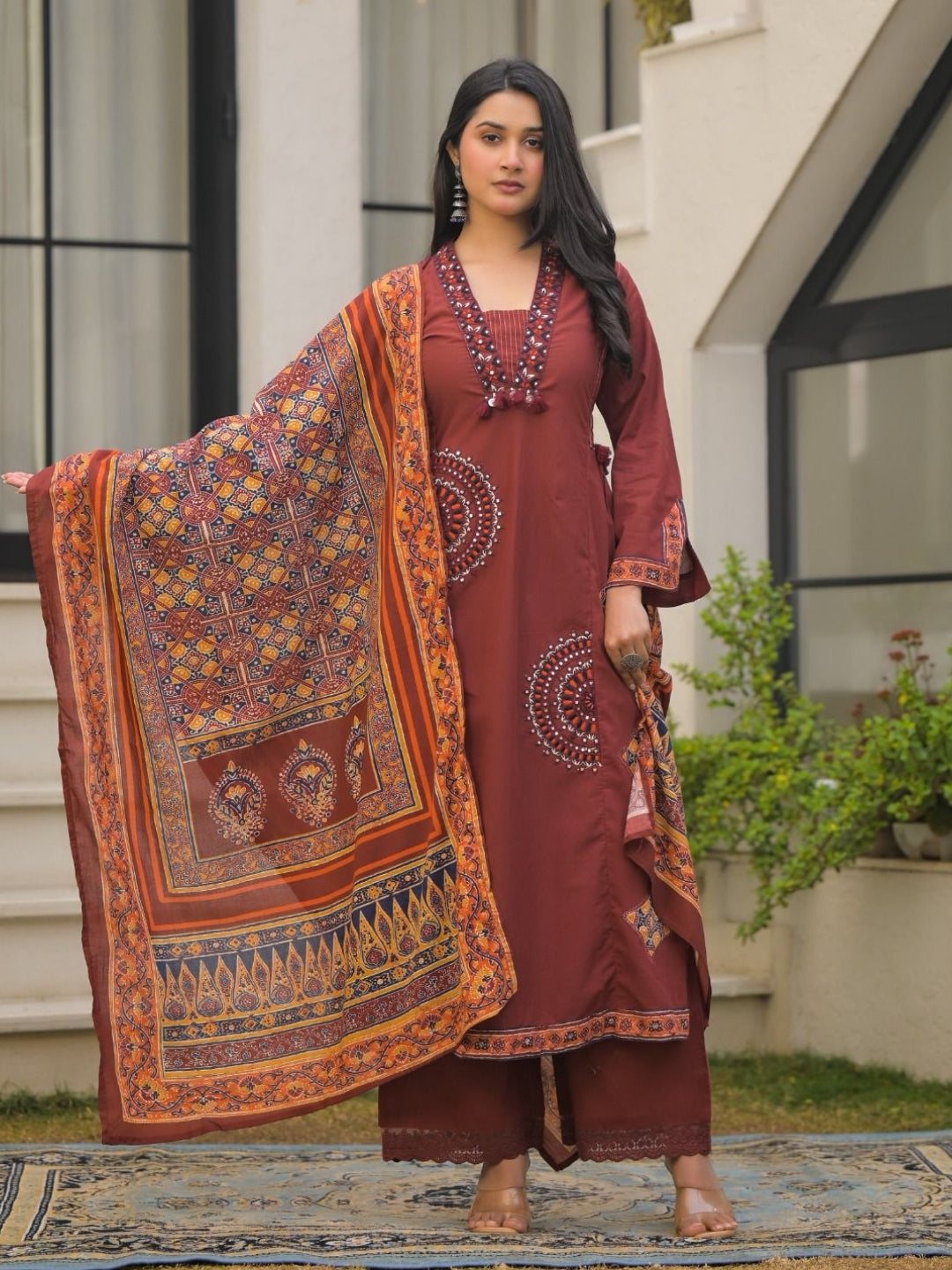 Rust Maroon Pure Cotton A-Line Kurta Set with Applique Work and Mirror Embroidery