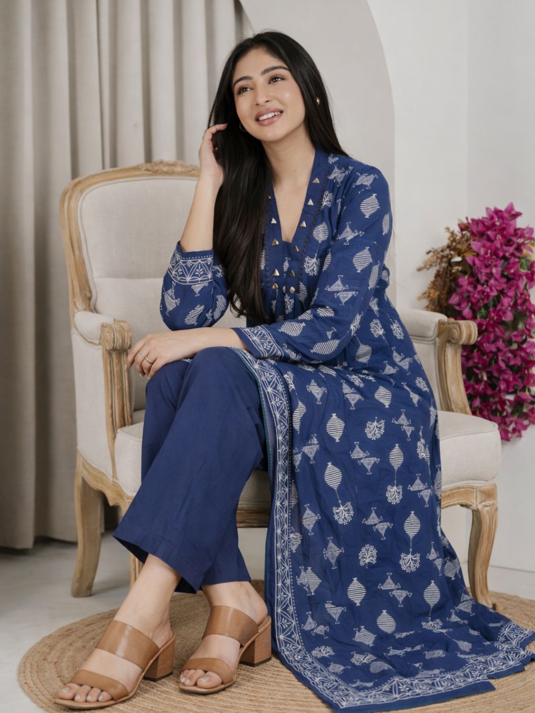 Indigo Blue Jaipuri Cotton A-Line Kurta Set with Ethnic Motifs
