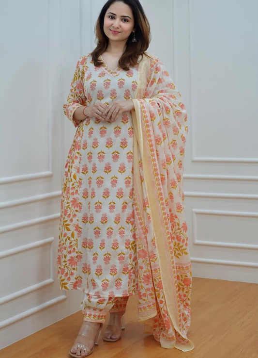 Cream Peach Cotton Afghani Suit Set with Floral Print – Ethnic Wear