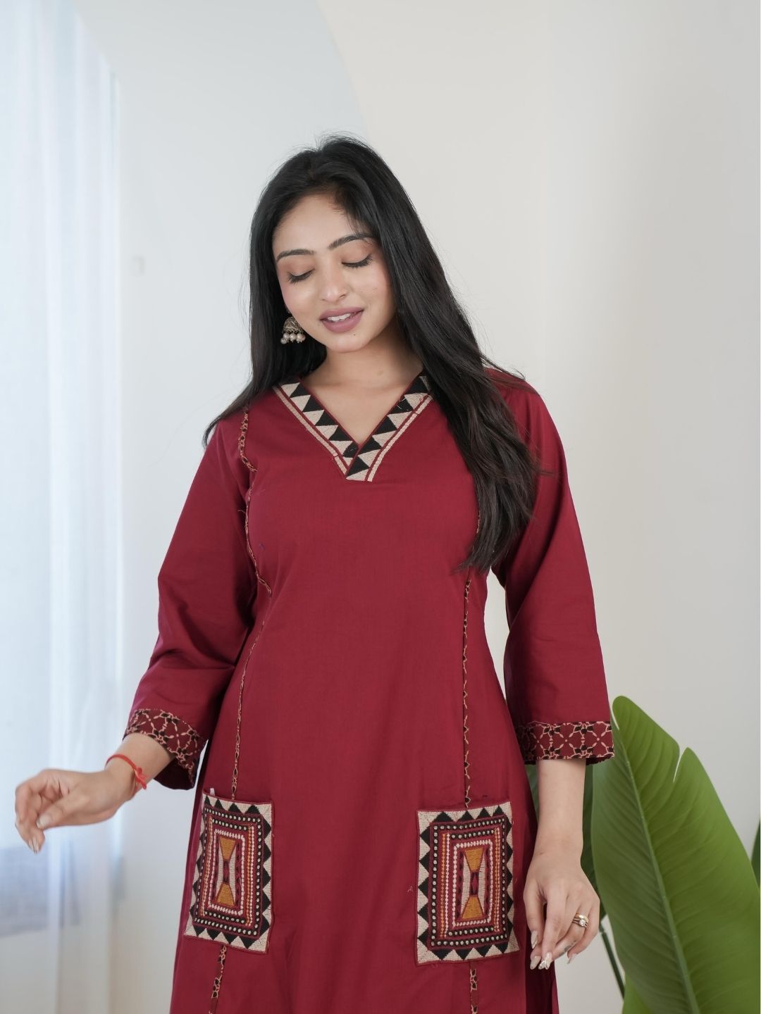Maroon Dabu Cotton A-Line Kurta Set with Embroidered Pockets