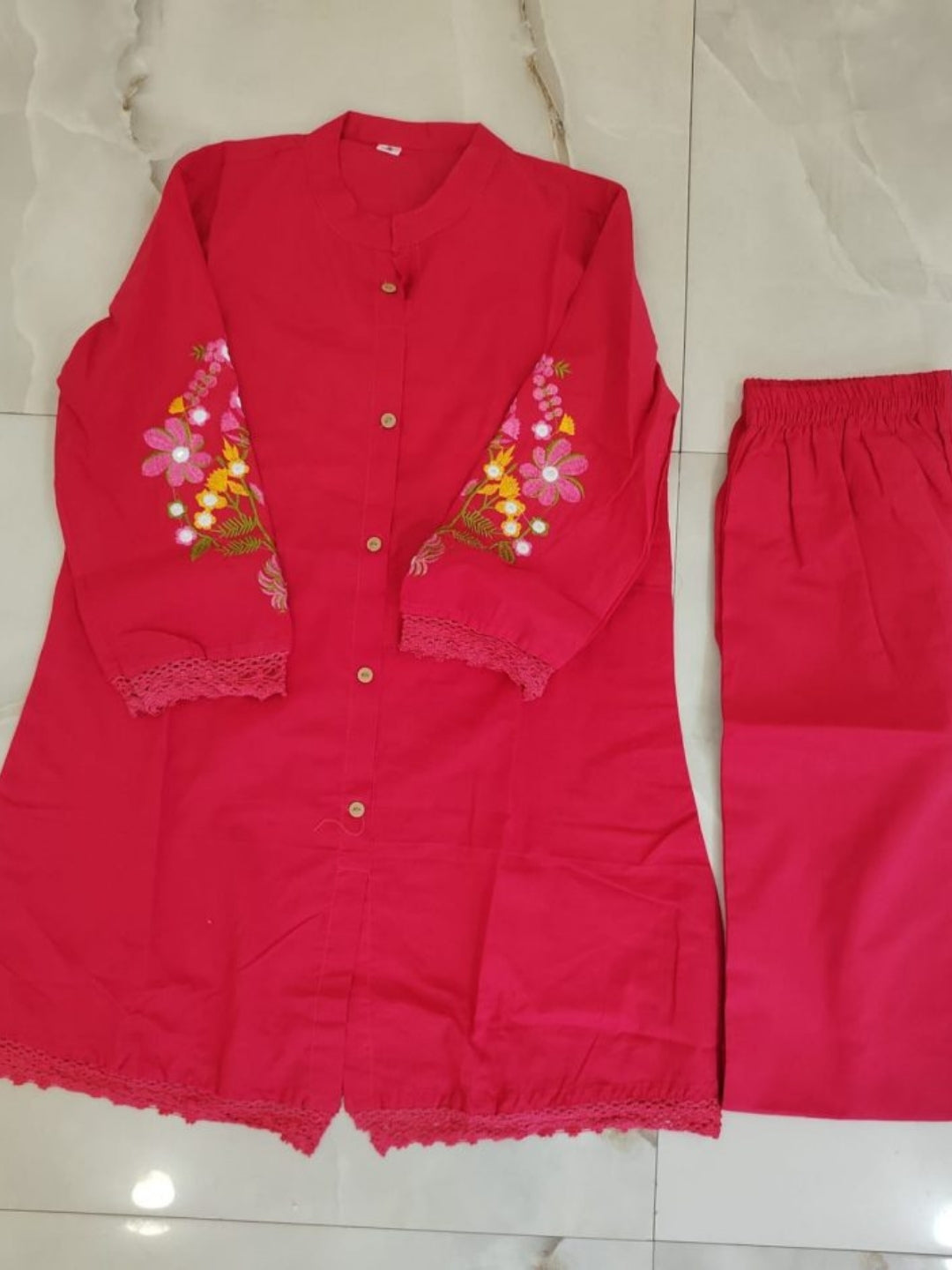 Rani Pink Pure Cotton Kurta Pant Set with Floral Embroidery