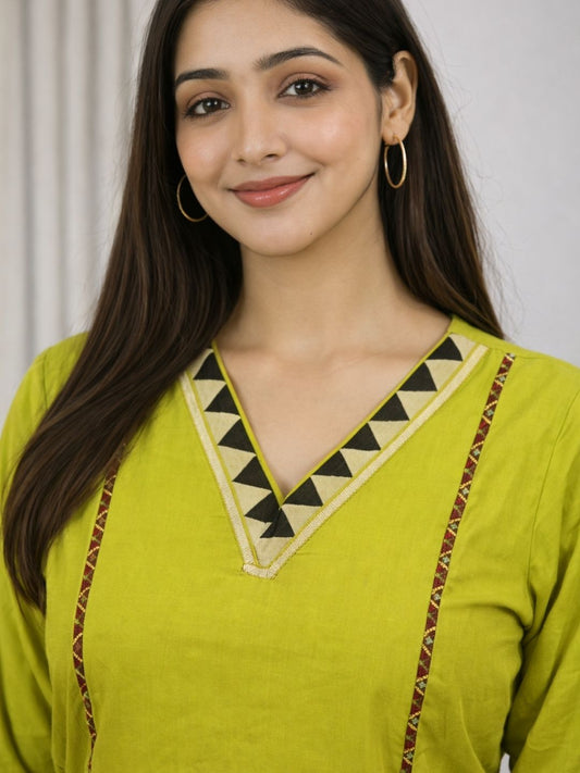 Lime Green Dabu Cotton A-Line Kurta Set with Embroidered Pockets