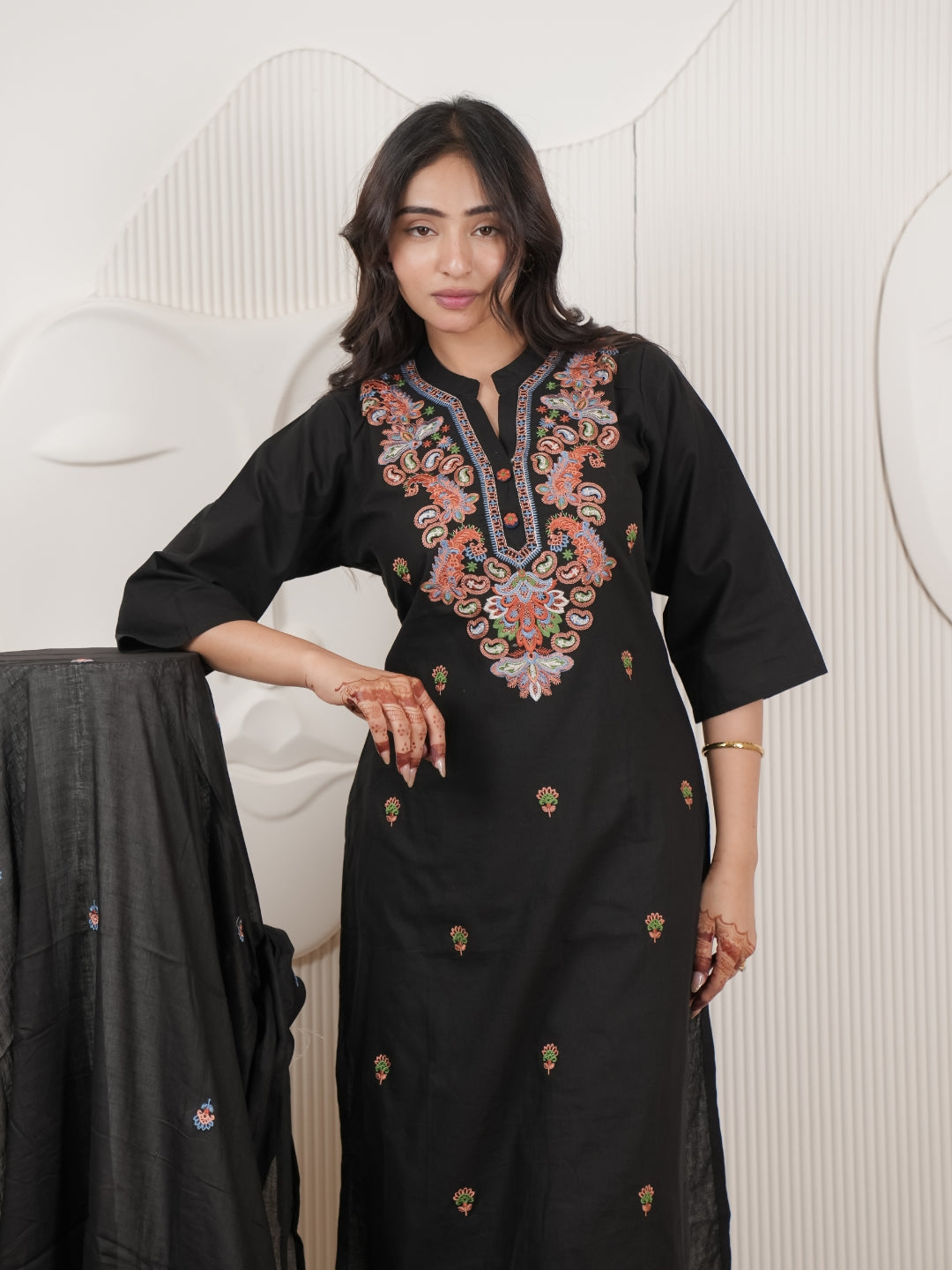 Black Embroidered Cotton Flex Kurta Palazzo Set with Dupatta