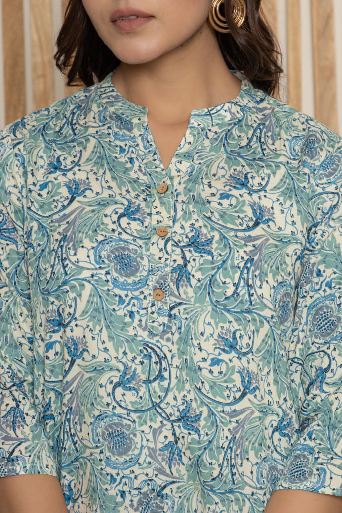 Aqua Blue Printed Soft Cotton Top – Casual & Office Wear