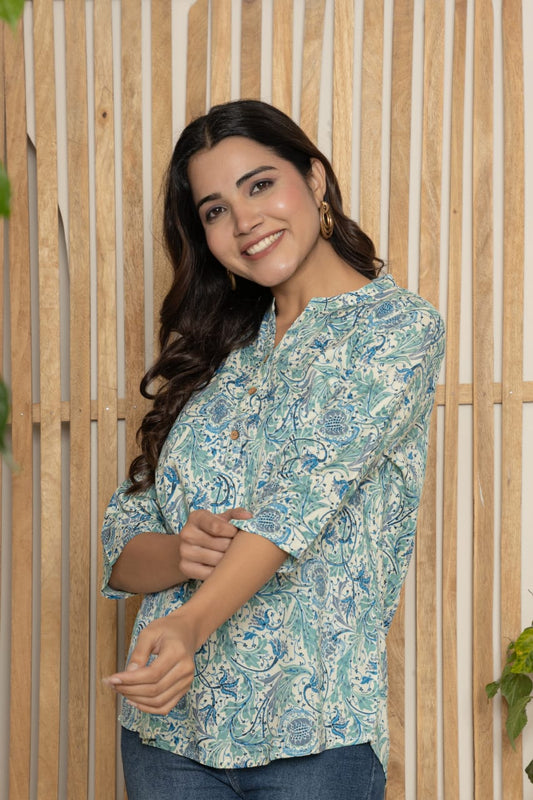 Aqua Blue Printed Soft Cotton Top – Casual & Office Wear