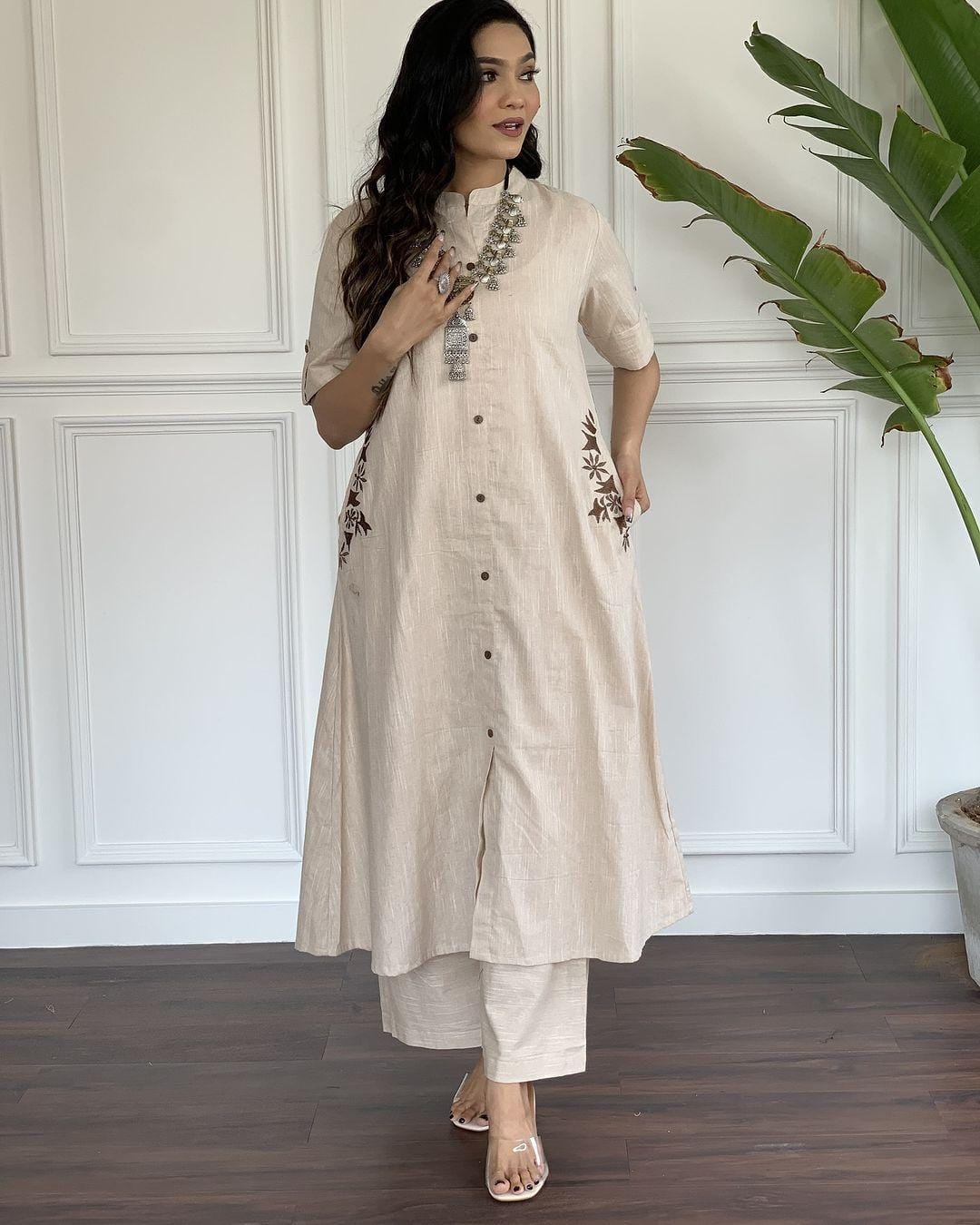 Beige Cotton Slub Kurta and Palazzo Set with Brown Embroidery