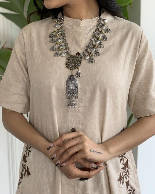 Beige Cotton Slub Kurta and Palazzo Set with Brown Embroidery