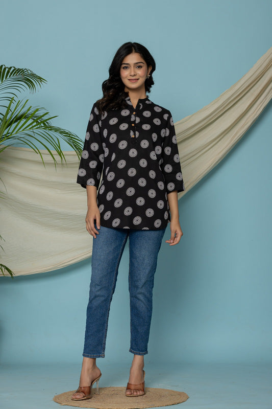 Black Soft Cotton Printed Top – Casual & Office Wear