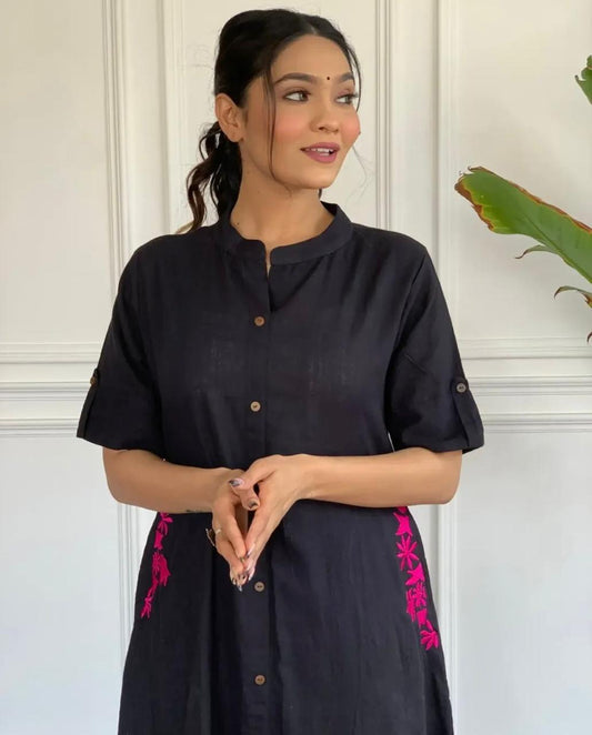 Black Cotton Slub Kurta and Palazzo Set with Pink Floral Embroidery