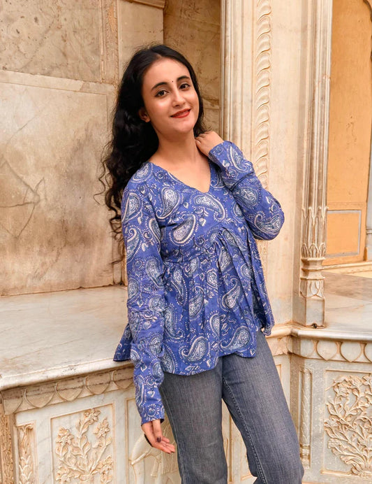 Blue Soft Cotton Paisley Print Top – Effortless Everyday Charm