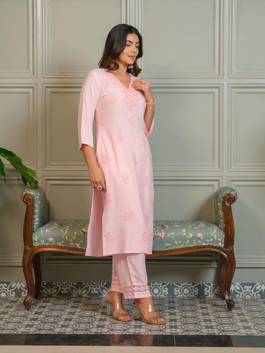 Blush Elegance – Baby Pink Chikankari Embroidered Kurta Set with Crochet Palazzo