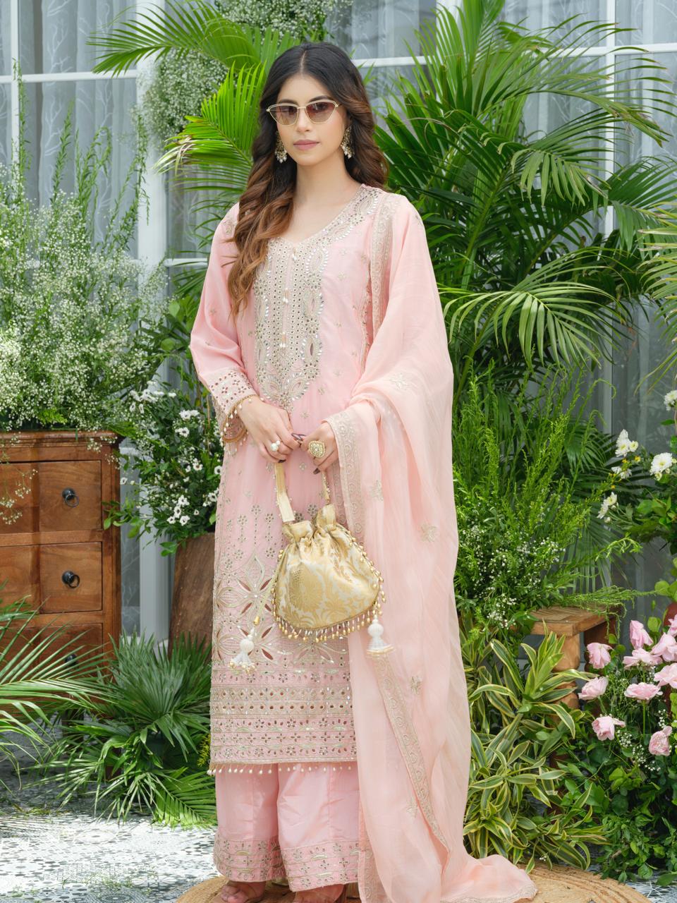 Blush Pink Pure Chinon Suit Set with Mirror & Zari Embroidery – Party & Festive Wear