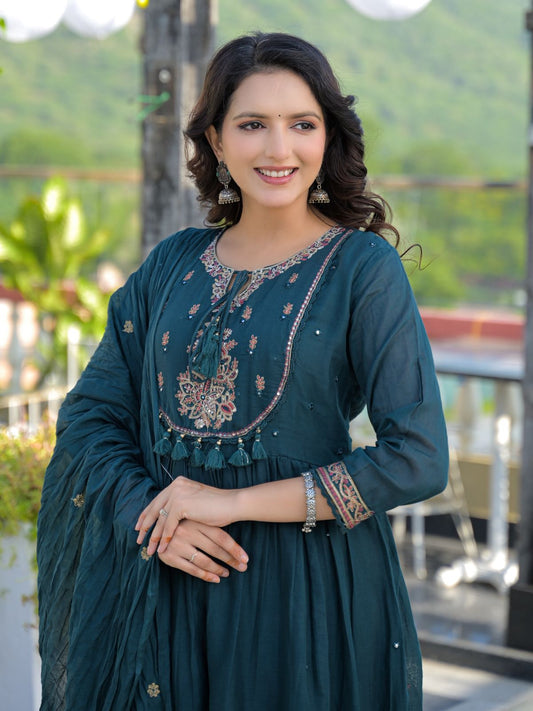 Deep Teal Green Mul Cotton Embroidered Anarkali Suit Set