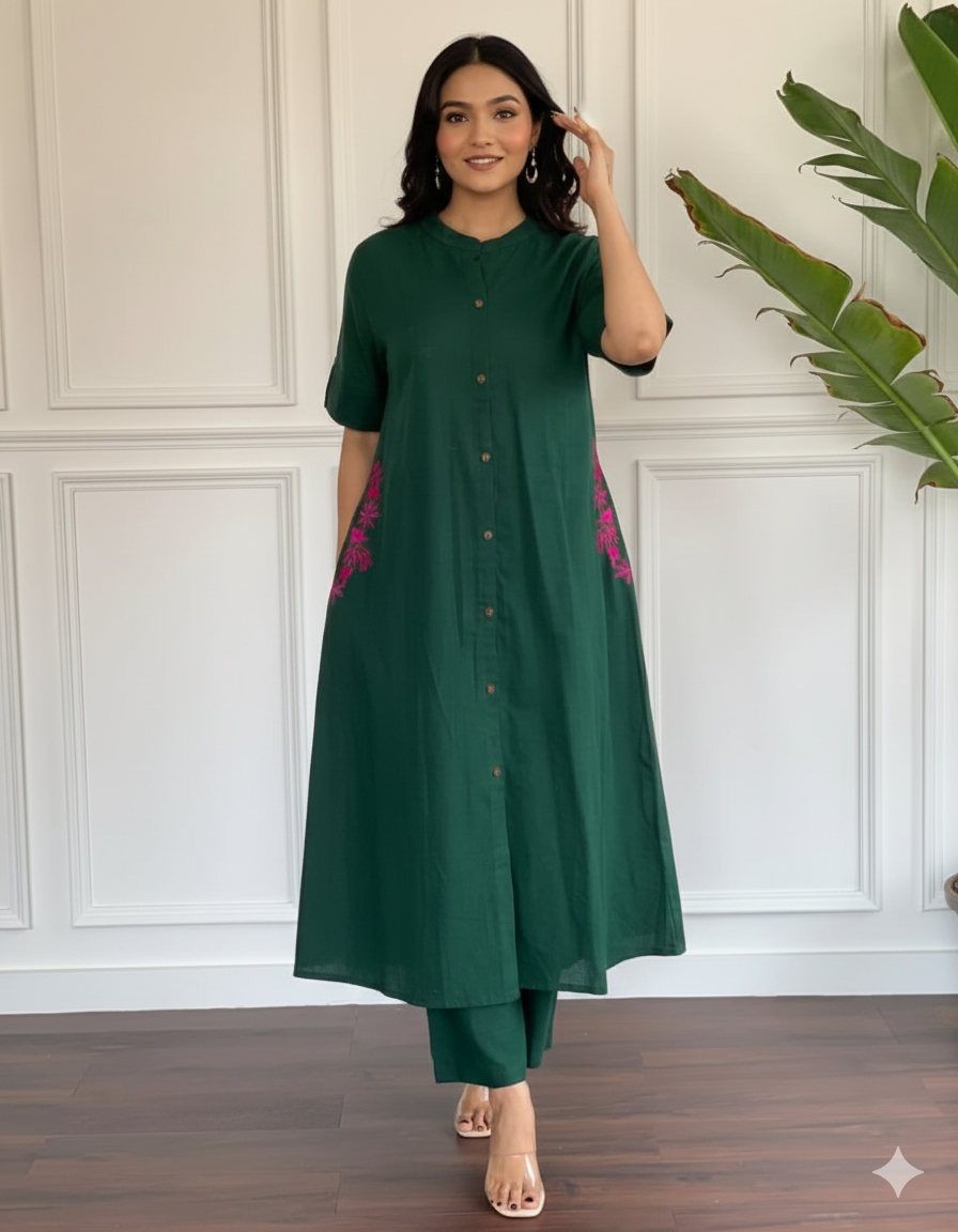Bottle Green Cotton Slub Kurta and Palazzo Set With Pink Embroidery