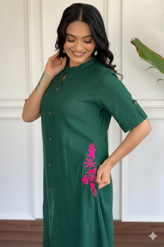 Bottle Green Cotton Slub Kurta and Palazzo Set With Pink Embroidery