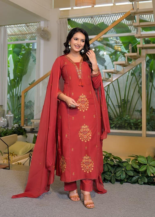 Brick Red Cotton Embroidered Suit Set – Festive & Elegant Wear
