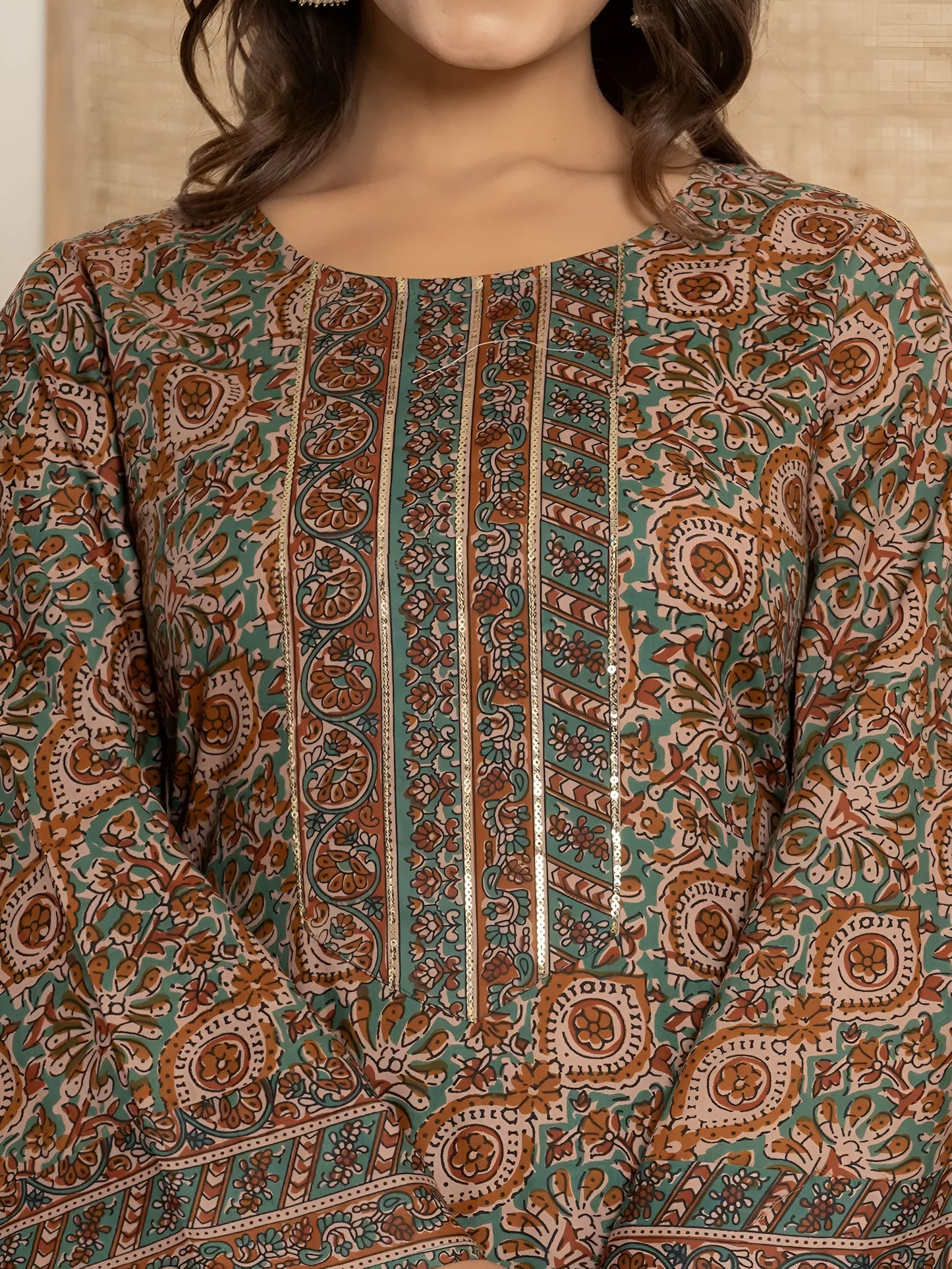 Rust Brown Cotton Blend Kurta Set with Ethnic Floral Motifs