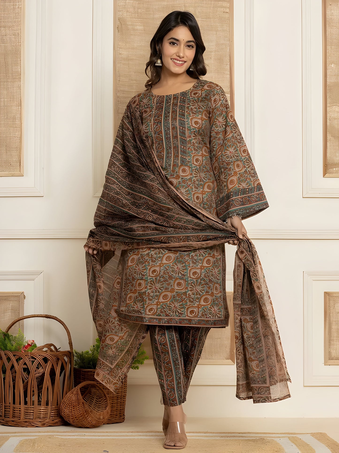 Rust Brown Cotton Blend Kurta Set with Ethnic Floral Motifs