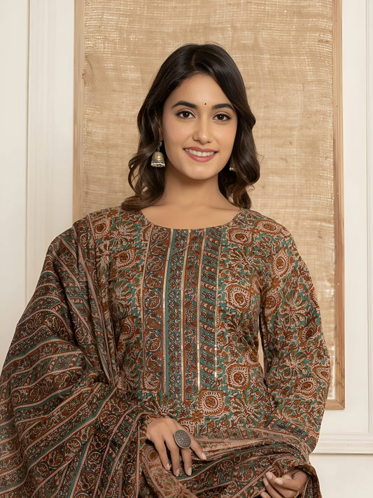 Rust Brown Cotton Blend Kurta Set with Ethnic Floral Motifs