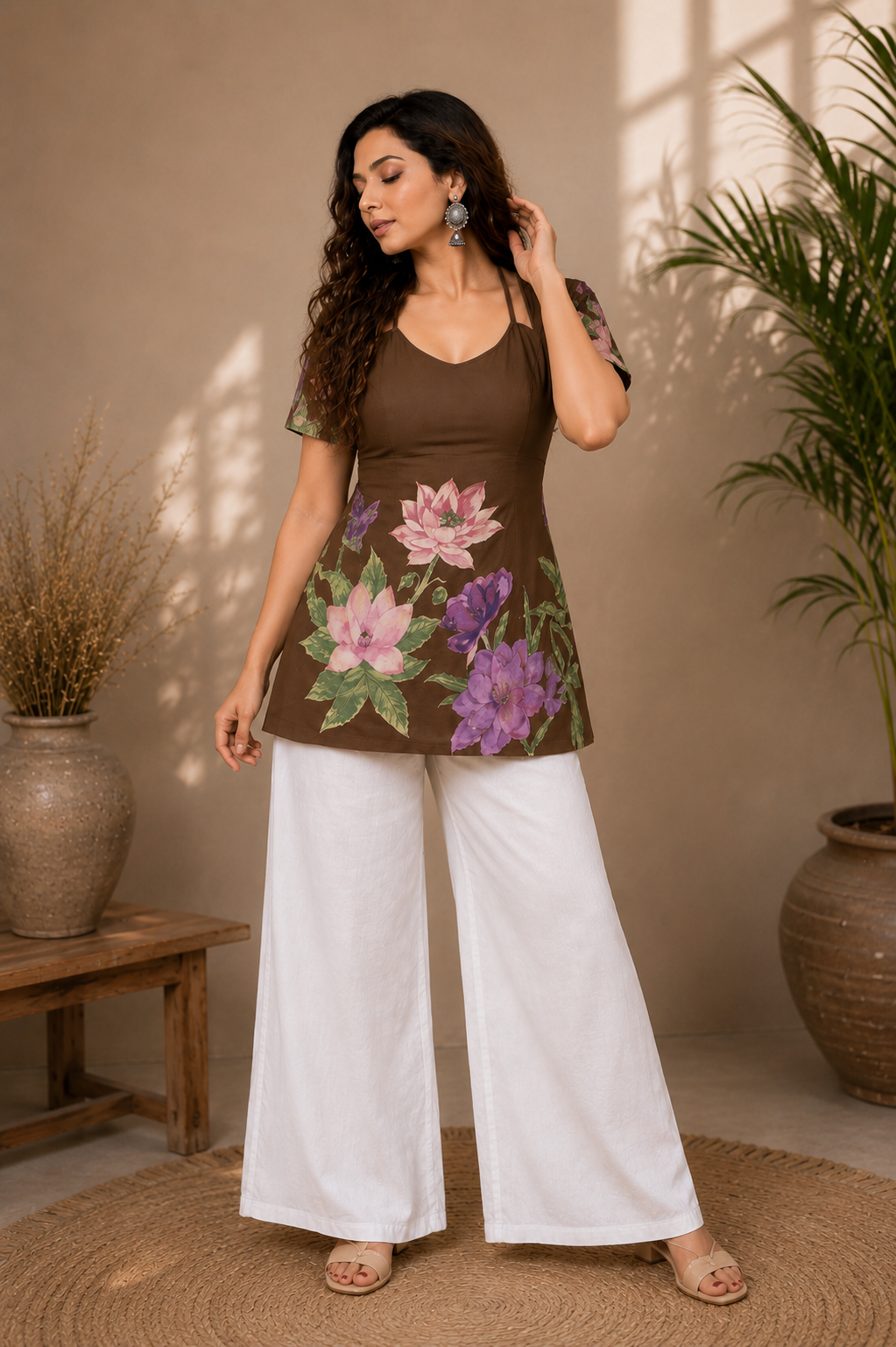 Chocolate Brown Floral Print Cotton Tunic Top for Women