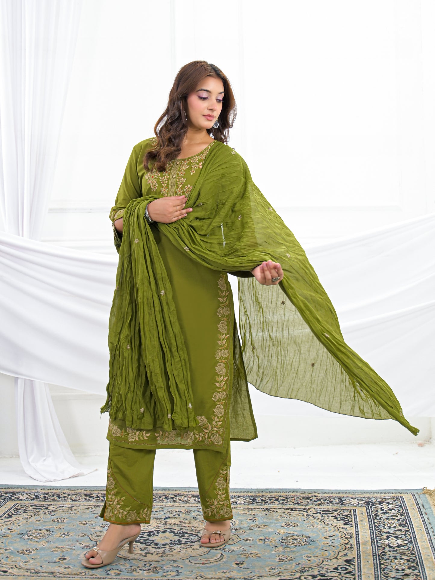 Olive Green Embroidered Cotton Kurta Palazzo Set with Dupatta