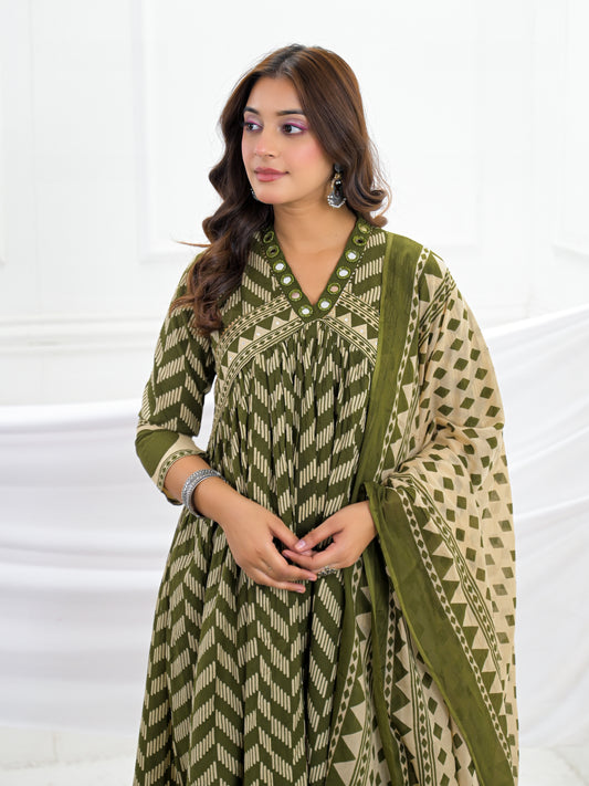 Olive Green Cotton Anarkali Suit Set with Printed Dupatta