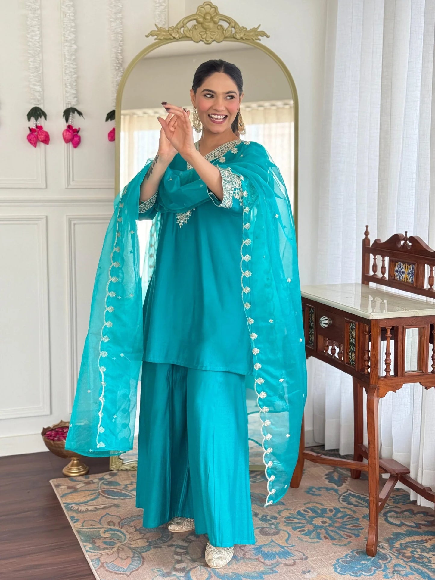 Festive Firozi Roman Silk Divider Suit with Heavy Zari Work & Cotton Lining