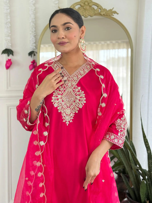 Festive Red Rani Roman Silk Divider Suit with Heavy Zari Work & Cotton Lining