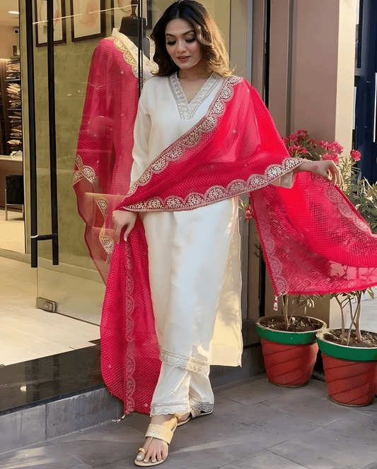 Elegant Handwoven Kurta Set with Palazzo & Geometric Print Dupatta