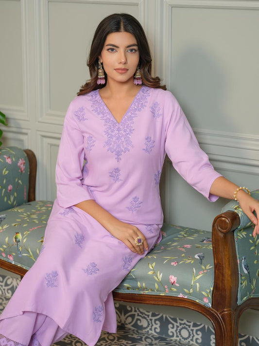 Grace in Lavender – Chikankari Embroidered Kurta Set with Crochet Palazzo