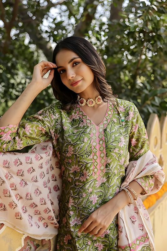 Green Floral Cotton Blend Suit Set with Floral Print & Embroidered Neck