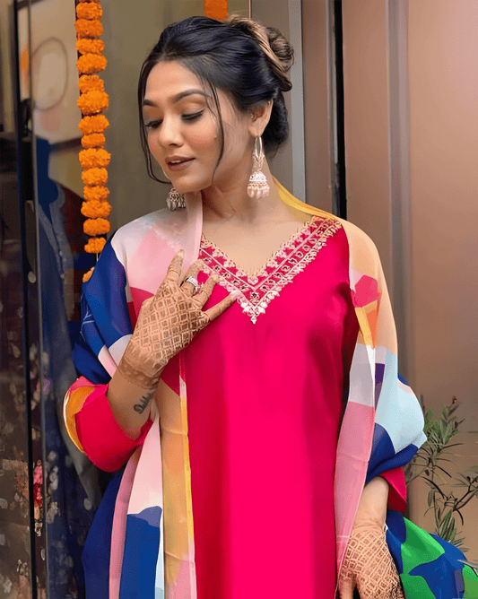 Hot Pink Viscose Rayon Suit Set with Multicolor Printed Dupatta