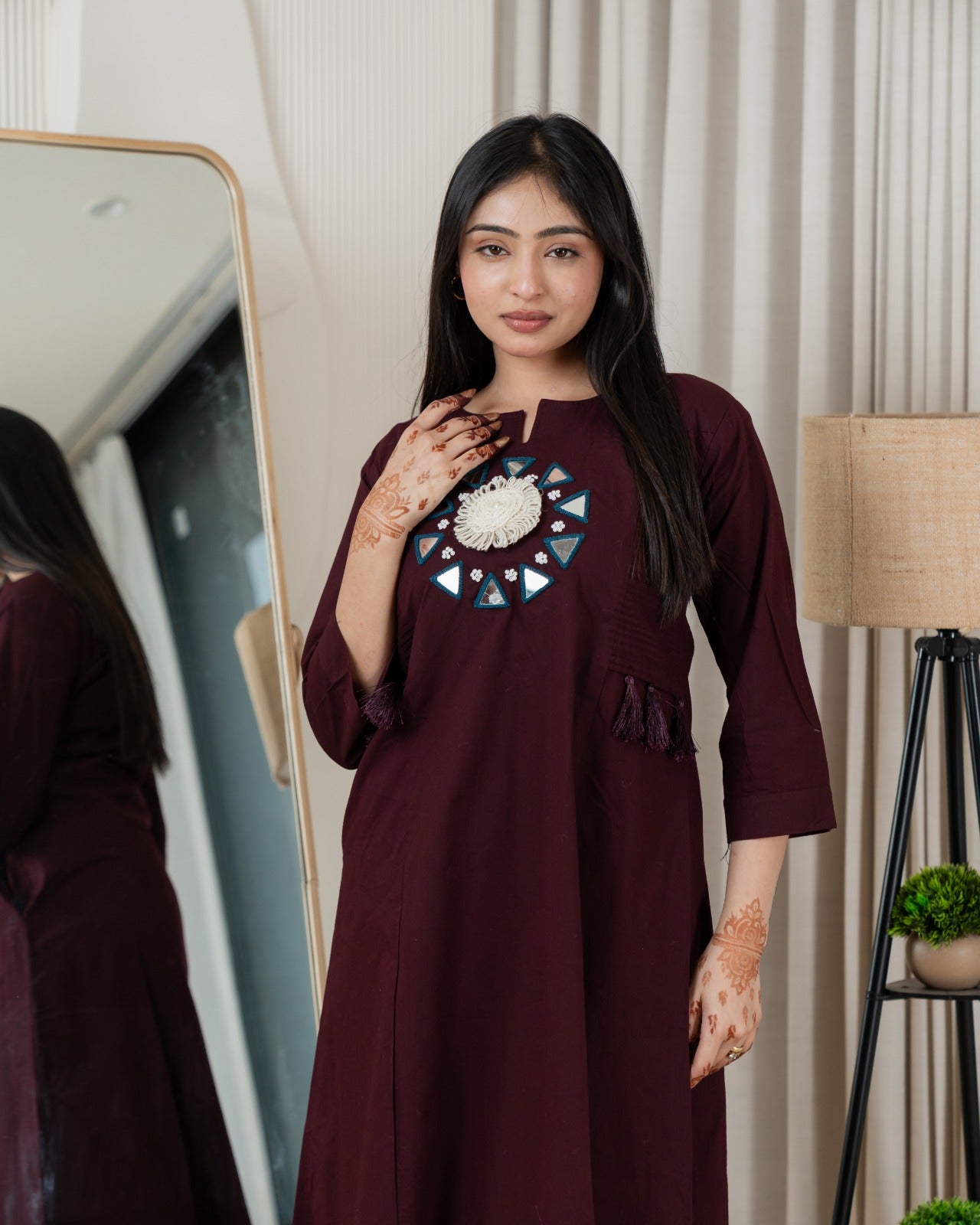 Wine Dabu Cotton A-Line Kurta Set with Handcrafted Mirror Work Embroidery