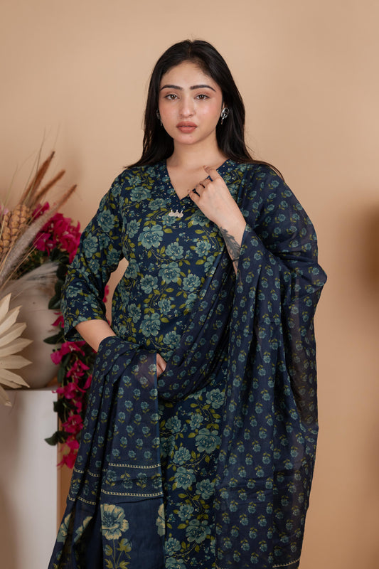 Indigo Jaipuri Cotton A-Line Suit Set – Daily & Office Wear