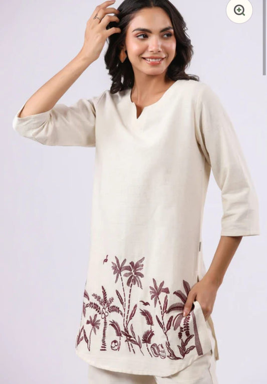 Ivory Cotton Flex Embroidered Palm Motif Co-ord Set