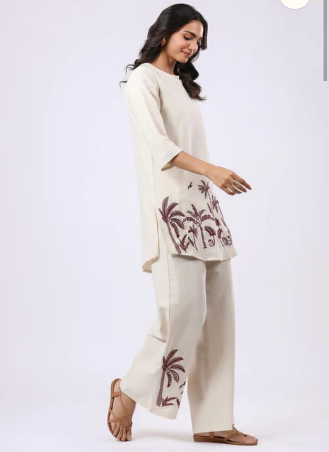 Ivory Cotton Flex Embroidered Palm Motif Co-ord Set