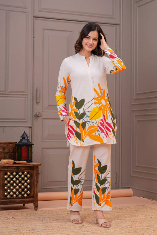 Ivory Cotton Flex Floral Print Co-ord Set