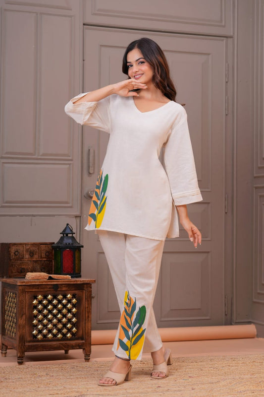Ivory Cotton Flex Leaf Motif Co-ord Set