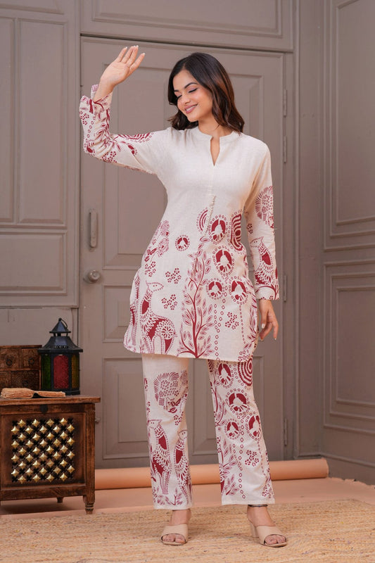 Ivory Flex Cotton Kurta Set with Maroon Motifs – Elegant Daily & Office Wear